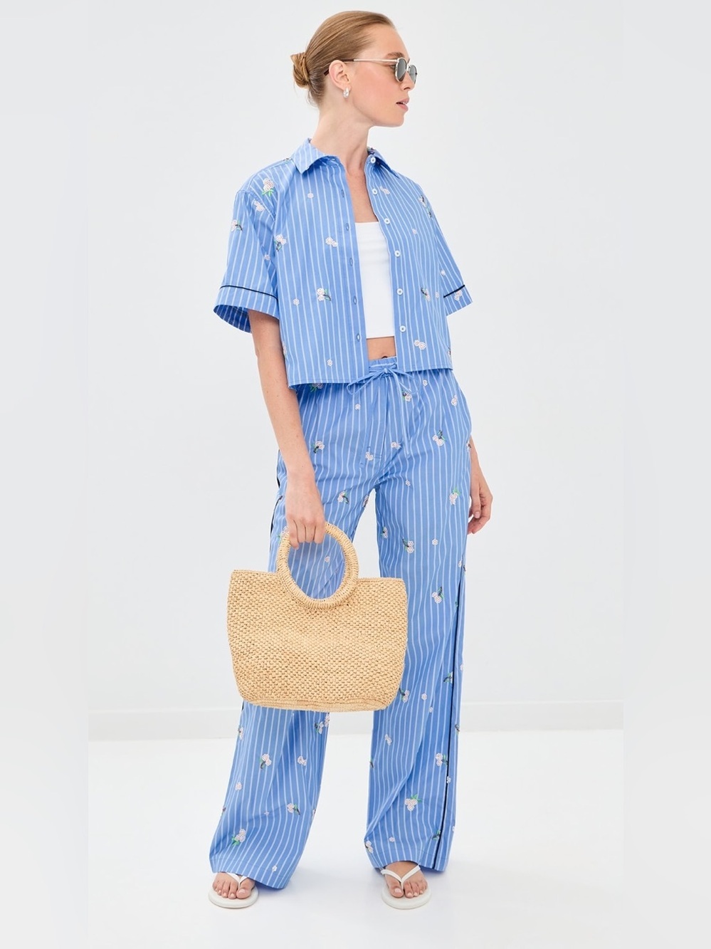 SIMKHAI Robinson Camp Shirt & Jemma Wide Leg Pant Set in French Blue Stripe